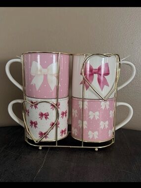 CUTE! 🎀 Stackable Bow Coffee Mugs Tea Cup With Wire Rack Set Of 4 Market Finds